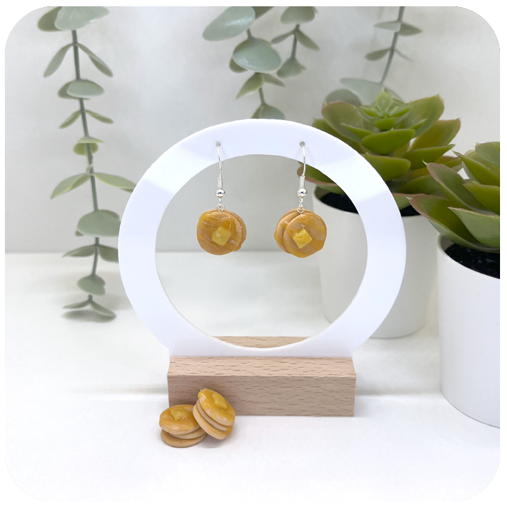 Honey pancake earrings with melting butter, handmade from polymer clay and coated with realistic honey glaze.